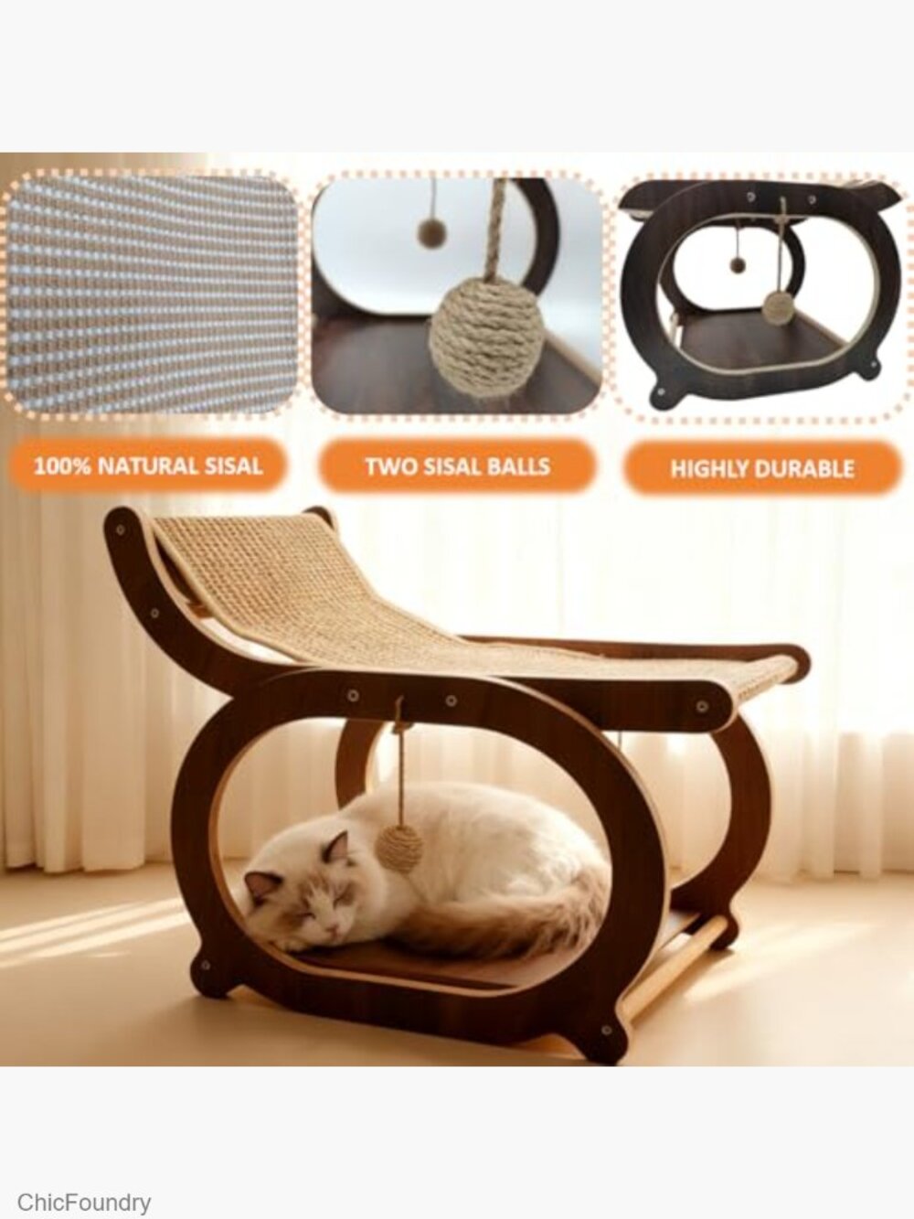 Sisal Cat Scratcher Chair, Elevated Cat Lounge Bed for Indoor Cats, Wooden Pet - Picture 5 of 6